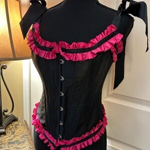 Steel Bone Hot Pink & Black Corset Bows Showgirl Can Can Saloon Pirate Costume